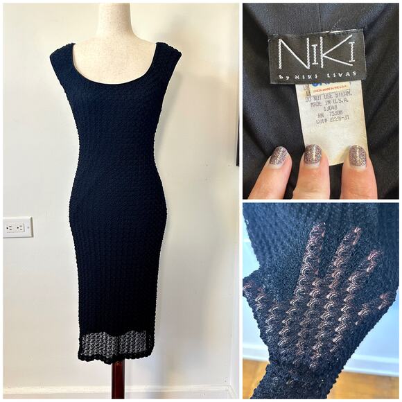 Niki Livas Dresses & Skirts - VTG Niki Livas Black Textured Midi Dress 10 Bodycon Evening USA 90s Minimalist